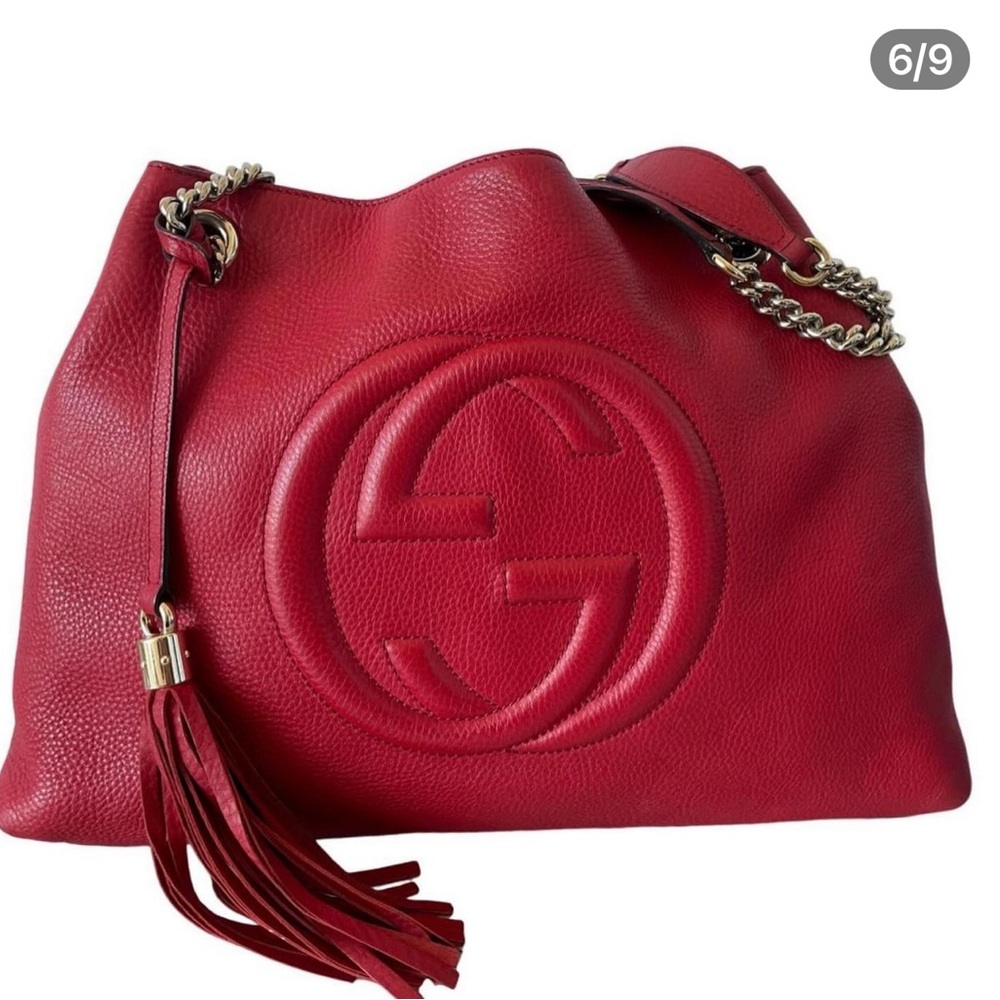 Gucci Soho Red Cellarius GG Logo Leather Chain Tote Bag